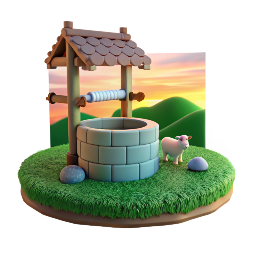 Sunset Pasture 3D Render of Well and Lamb png