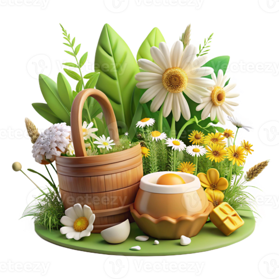 Spring Flowers, Wooden Bucket, Egg Yolk in Bowl png