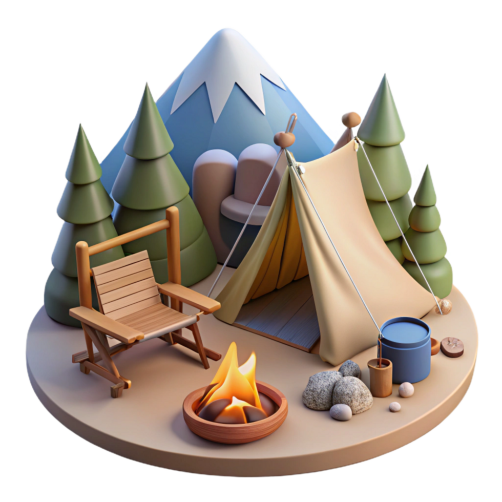 Camping Scene Tent, Fire, Mountains, Trees, Relaxation png