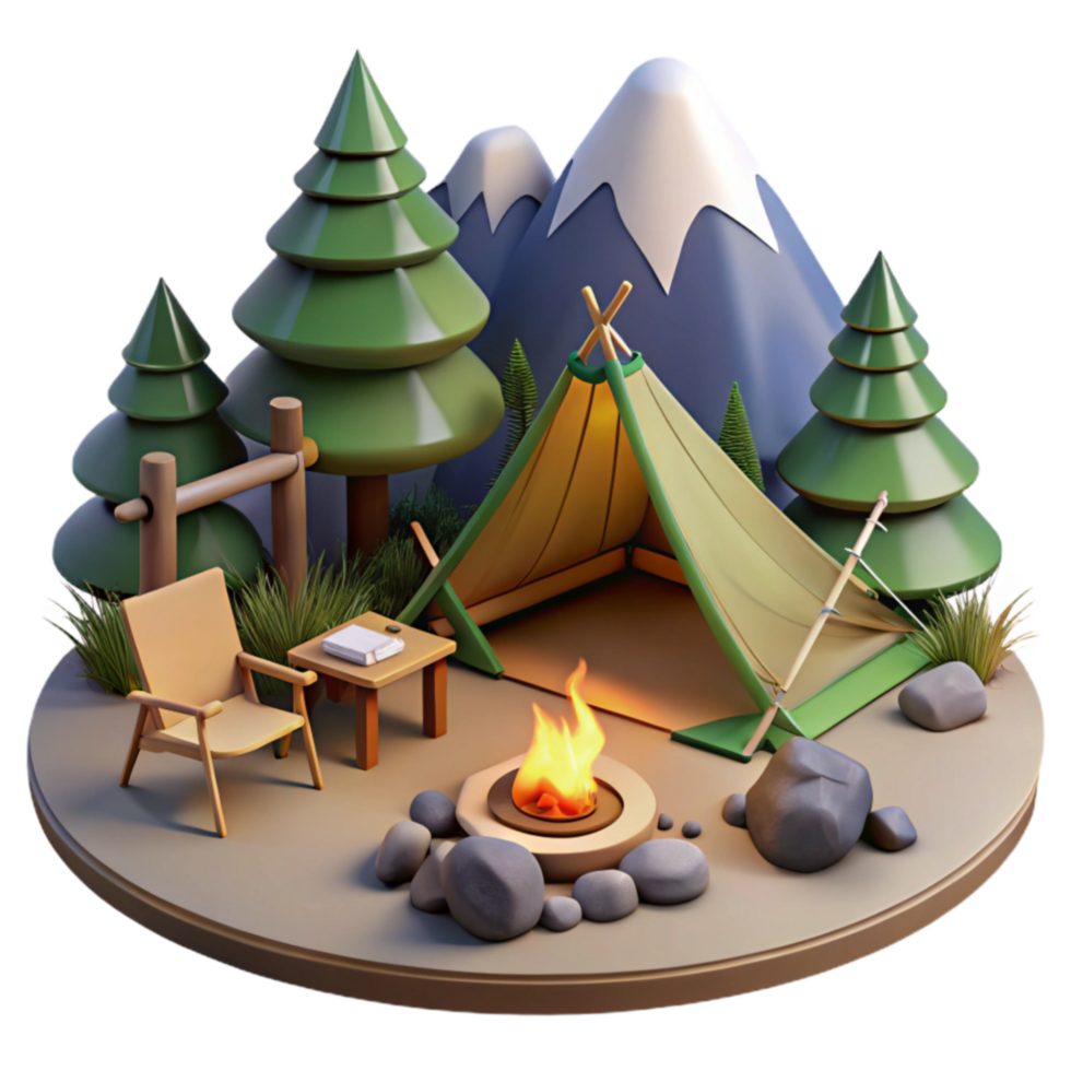 Campfire Scene 3D Render of Idyllic Mountain Camping png