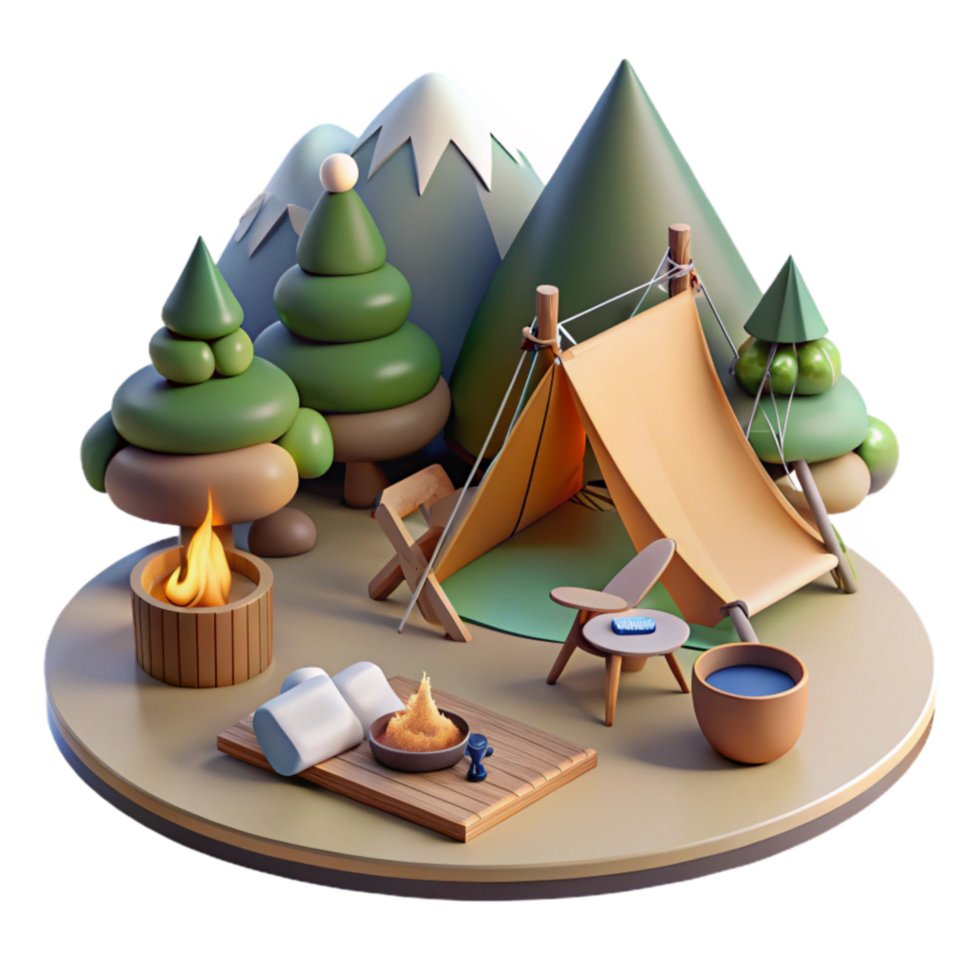 Camping Scene Idyllic Mountain Campsite with Tent, Fire, and Trees png