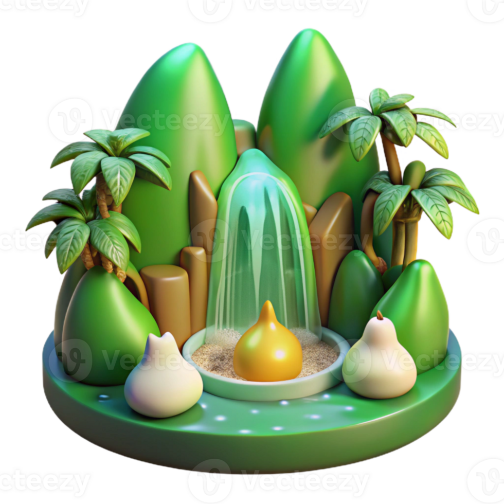 Tropical Island Waterfall 3D Render png