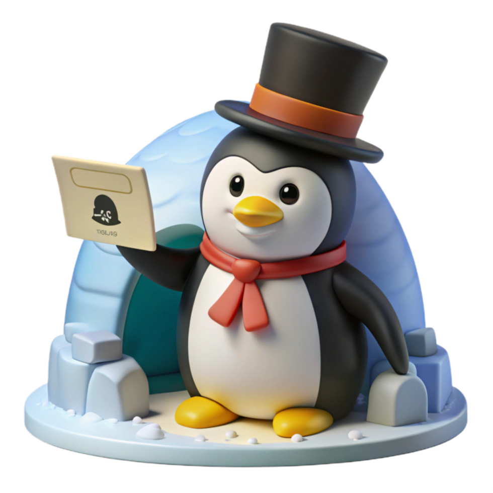 Penguin in Igloo with Top Hat Holding Note png