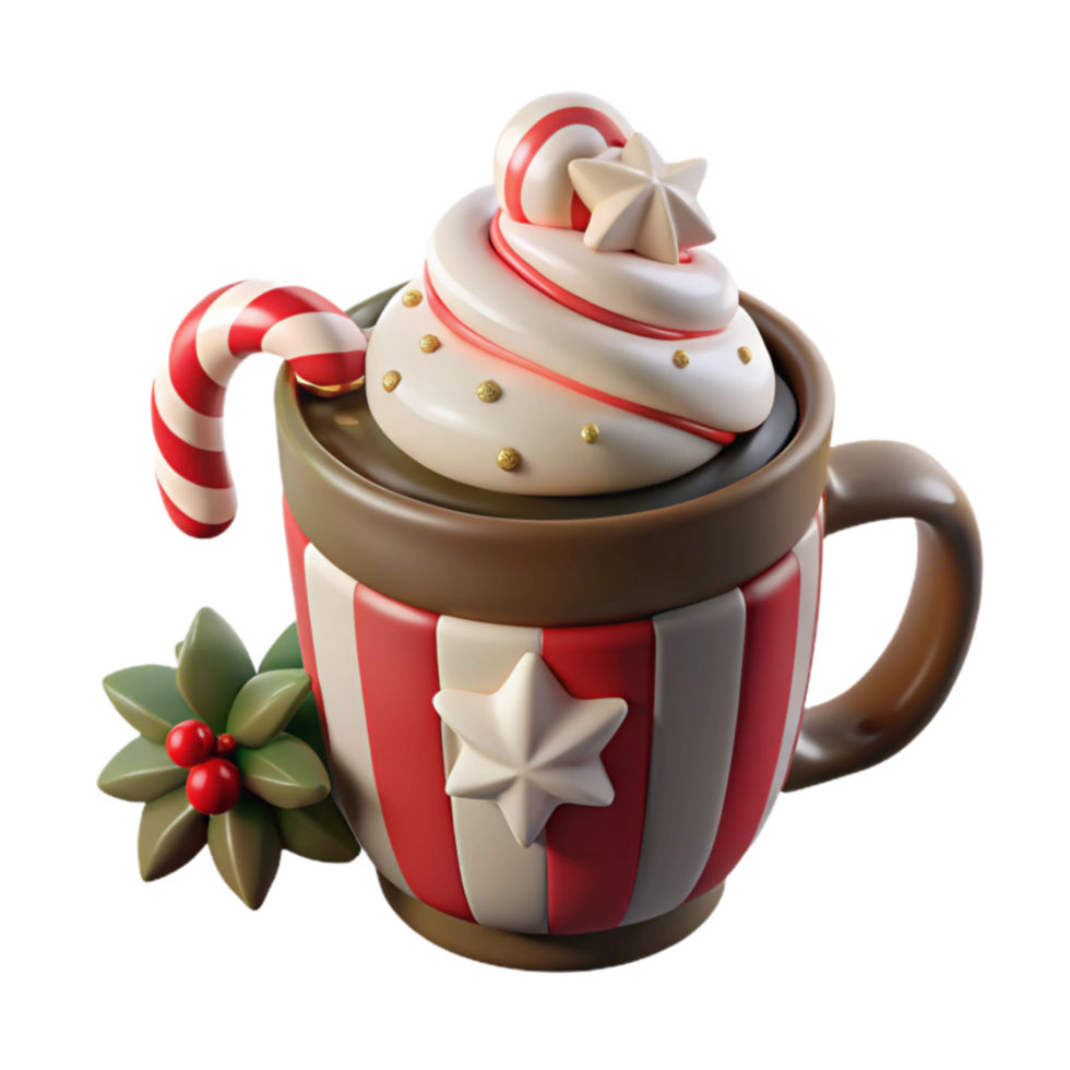 Festive Hot Cocoa Mug Whipped Cream, Candy Cane, and Stars png