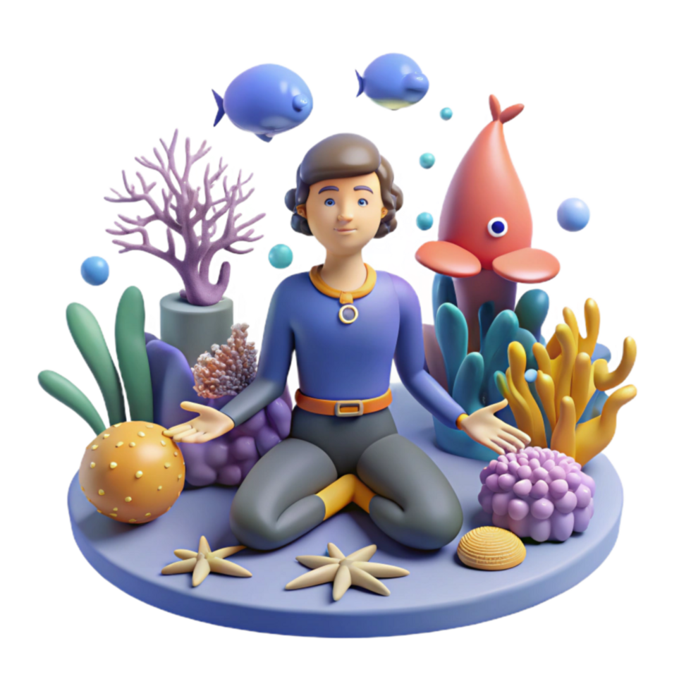 Undersea World 3D Render of Person Meditating Amidst Coral Reef png
