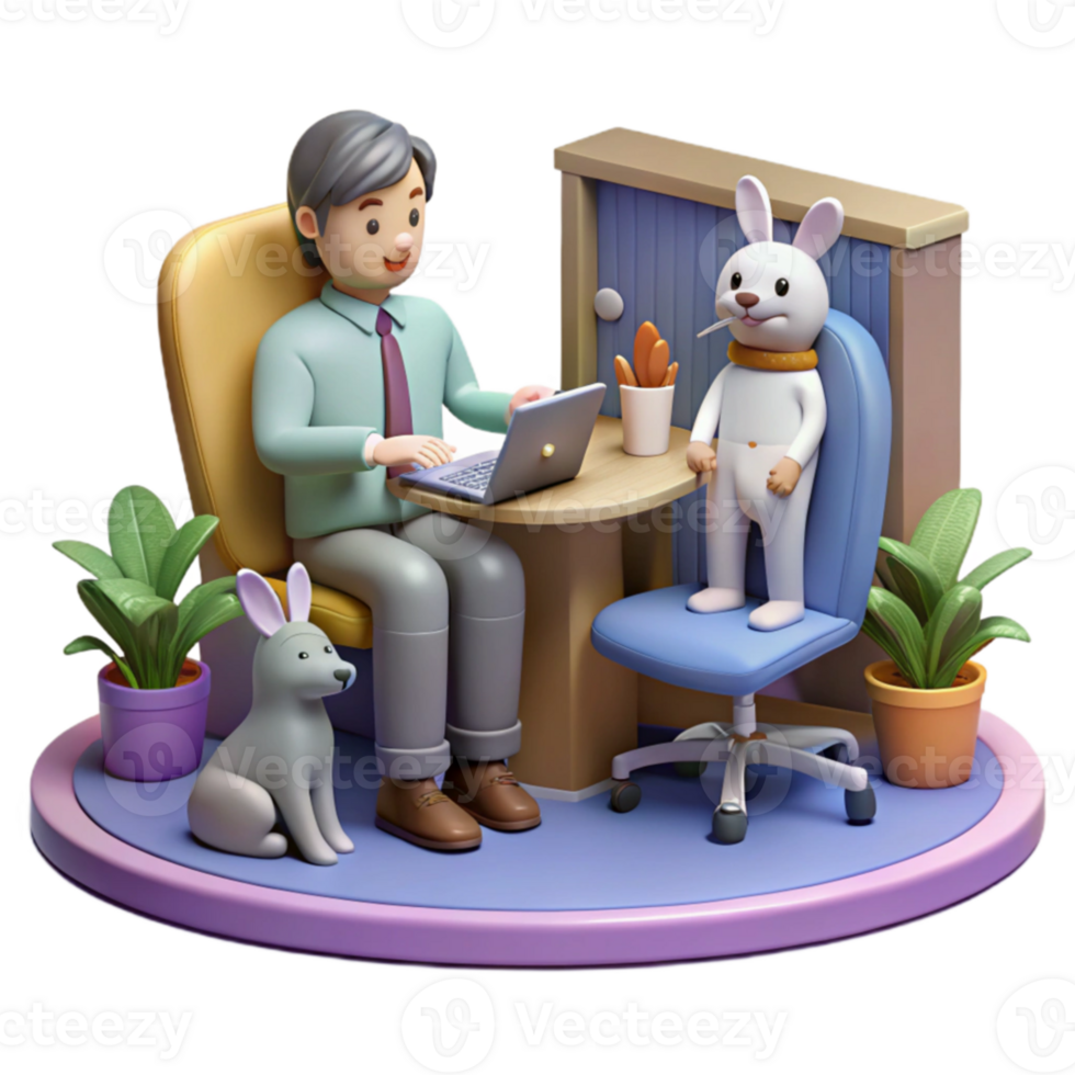 3D Render of Man Working from Home with Pets png