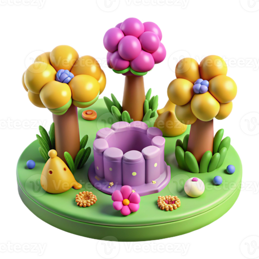 Whimsical 3D Render of a Flower Garden with Well png