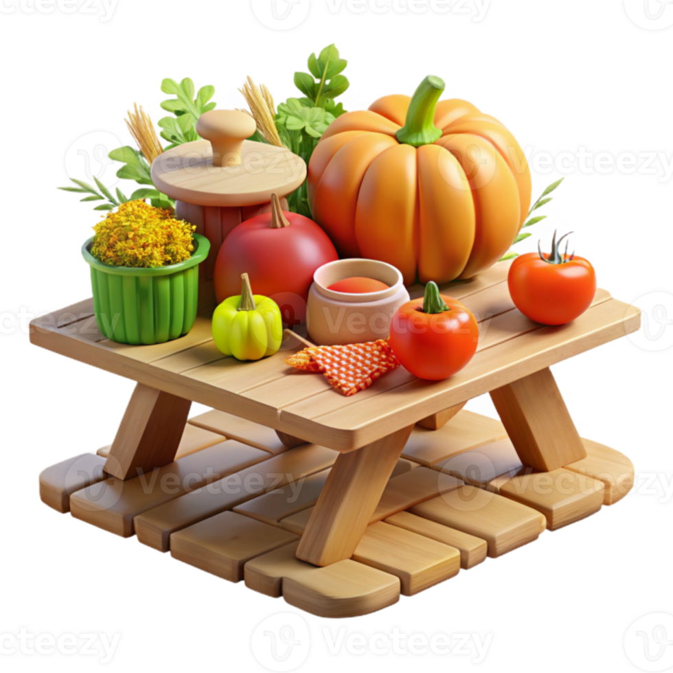 Autumn Harvest Picnic Table with Pumpkins and Vegetables png
