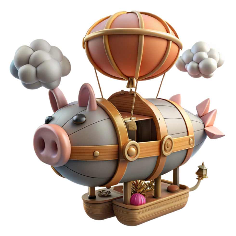 Pig Airship A whimsical 3D render of a steampunk pig-shaped airship png