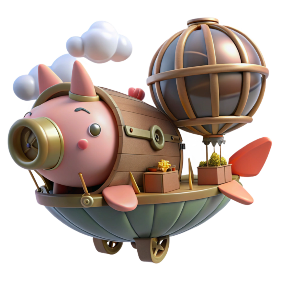 Cute Pig Airship Whimsical 3D Render png