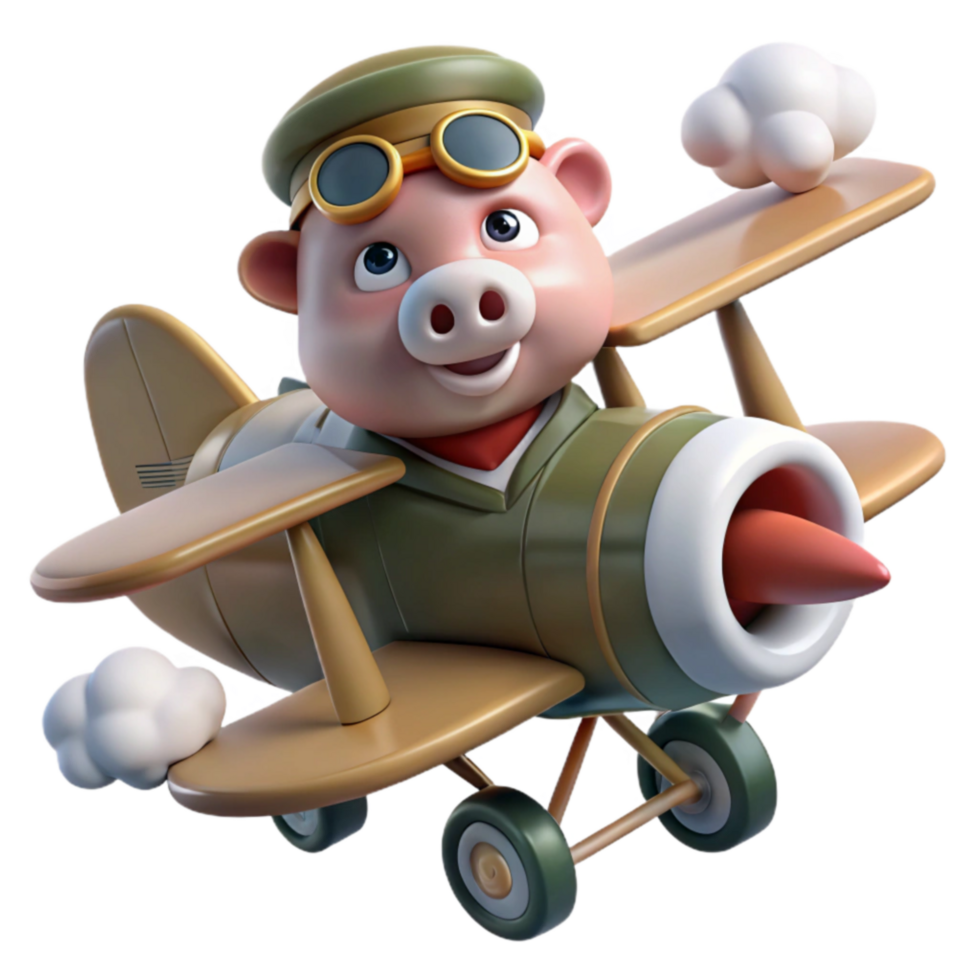 Pig Pilot Soaring in Vintage Biplane png