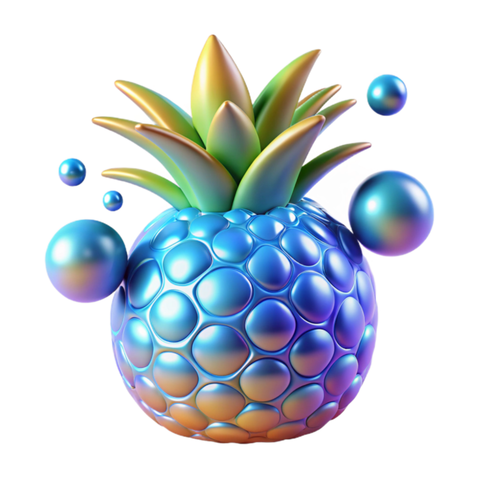 Iridescent Pineapple 3D Render with Bubbles png