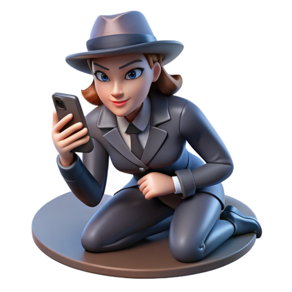 Sleuth in Suit 3D Cartoon Detective on Smartphone png