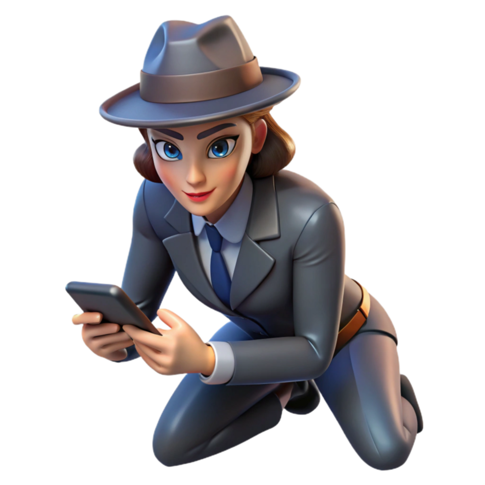 3D Cartoon Sleuth Investigating on Mobile png