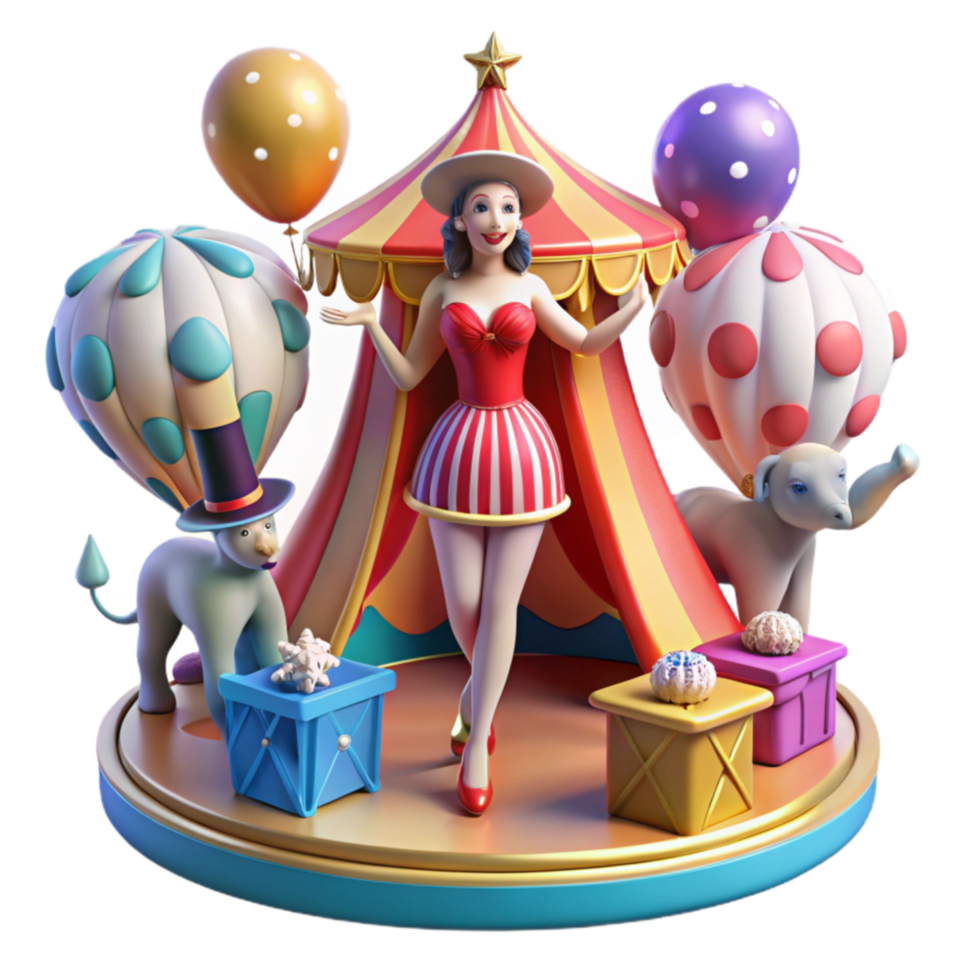Circus Performer, Hot Air Balloons, and Animals A Whimsical 3D Render png
