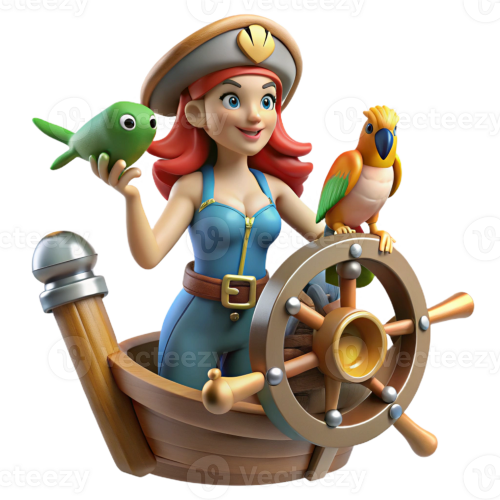 Pirate Captain, Ship Wheel, Tropical Bird, and Sea Creature png