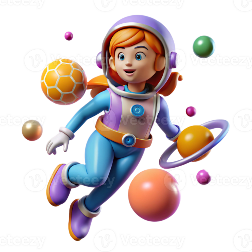 Astronaut Girl in Space with Planets and Ball png