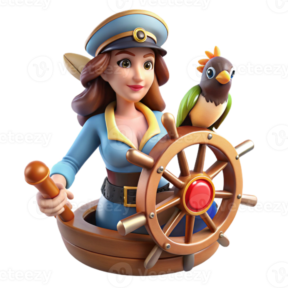 Captain, Ship Wheel, Bird, 3D Render, Adventure, Sailing, Cartoon, Cute, Female png