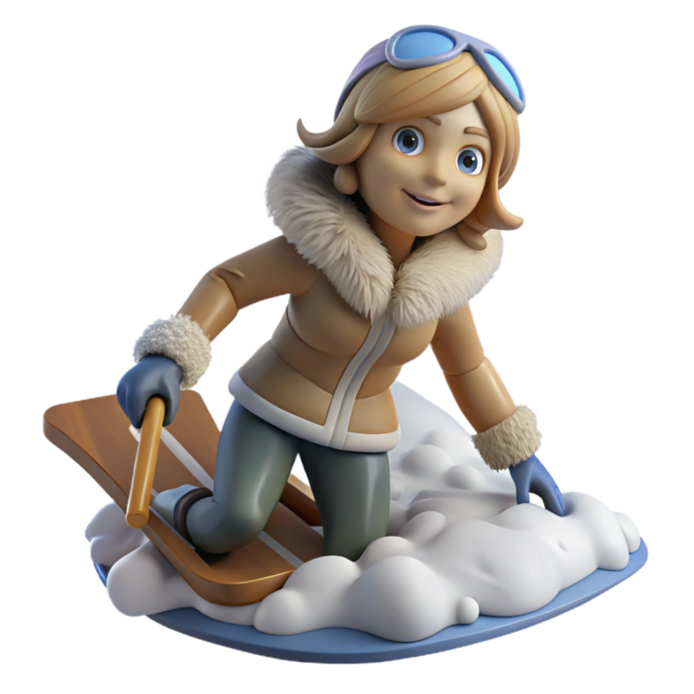 Winter Fun 3D Cartoon Girl Snowboarding png