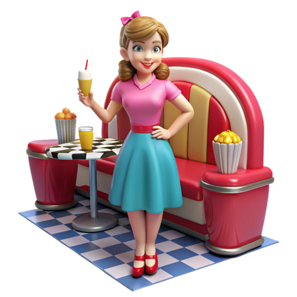 Retro Diner 3D Cartoon Girl Enjoying Treats png