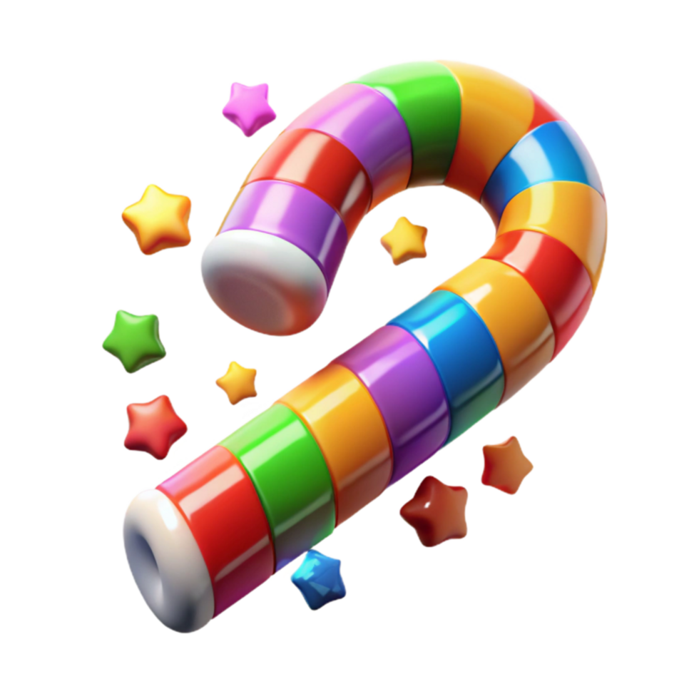 Rainbow Candy Cane with Stars Festive 3D Render png