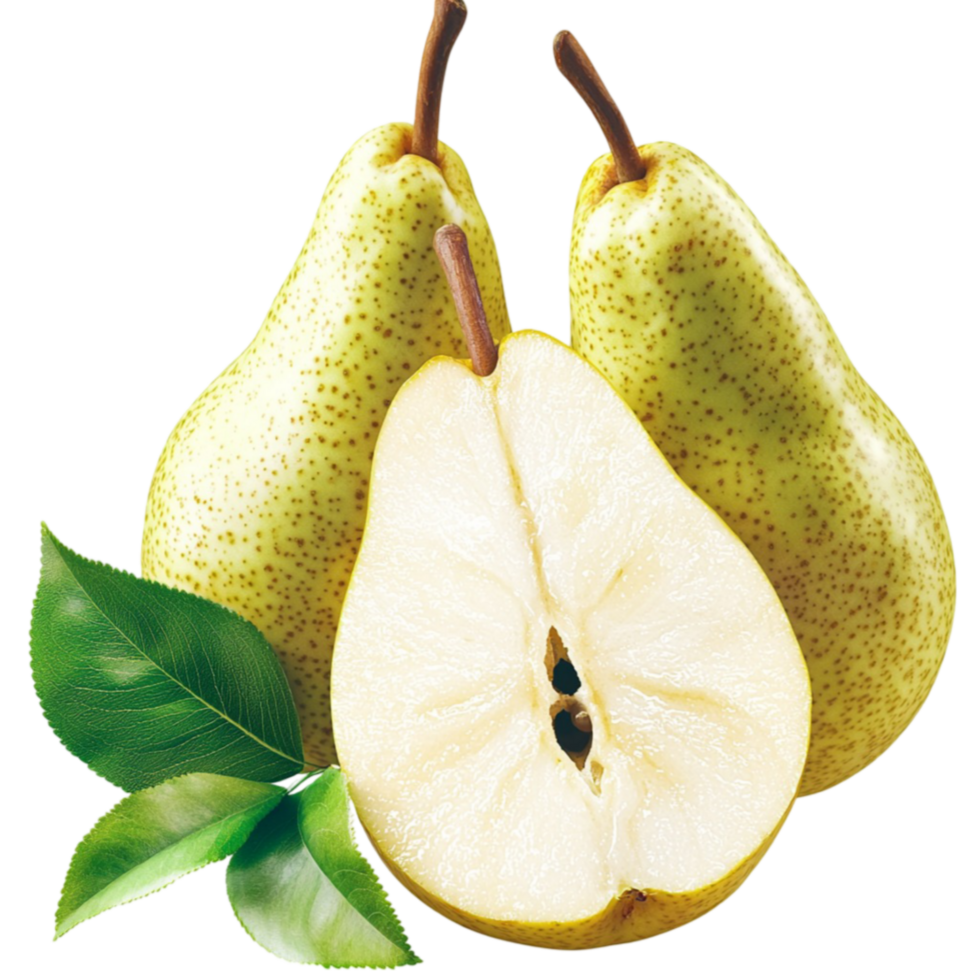 Ripe pears with a smooth golden yellow skin and a sliced half revealing a juicy white interior png