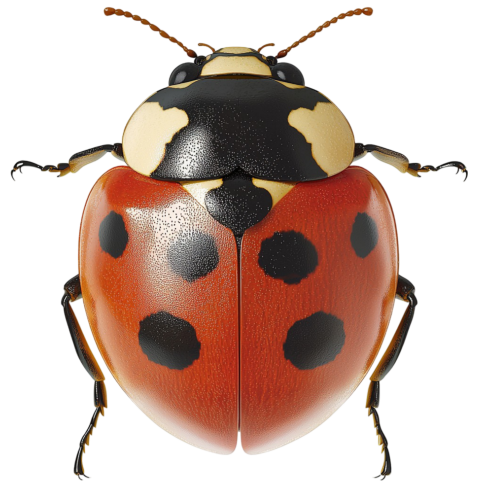 Bright red ladybug with black spots and delicate legs resting on a smooth surface png