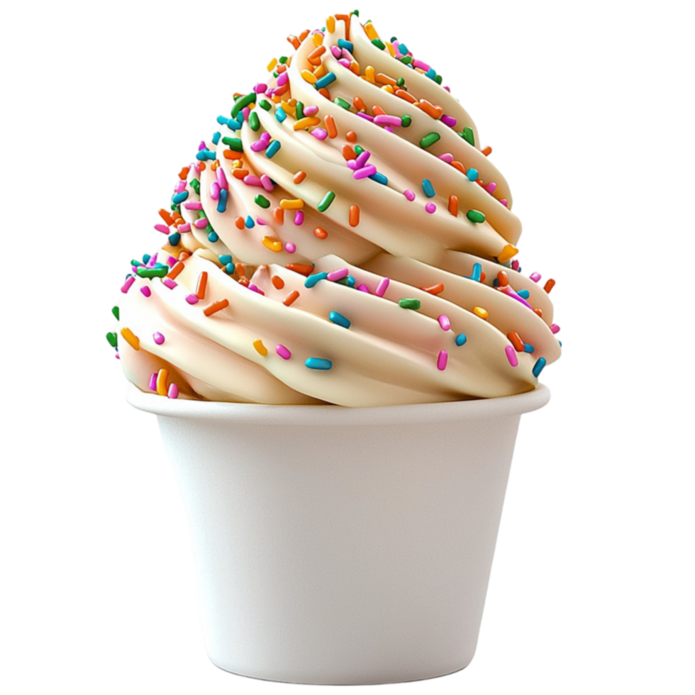 Creamy soft serve ice cream in a white cup swirled to perfection and topped with colorful sprinkles png