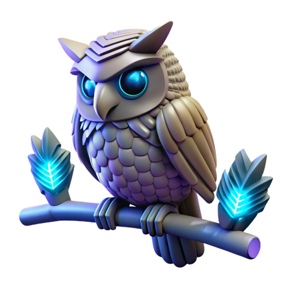 3D Render of a Cybernetic Owl on Branch png