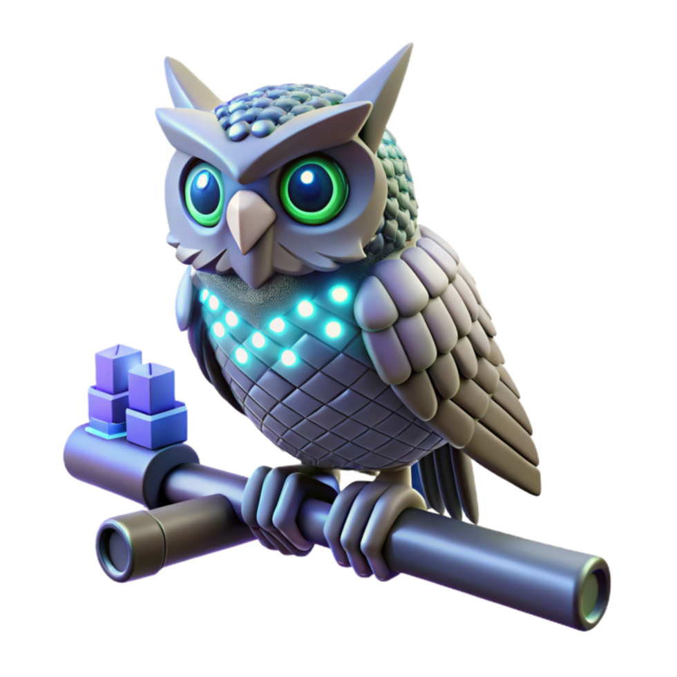 Cybernetic Owl 3D Render of a Futuristic Bird png