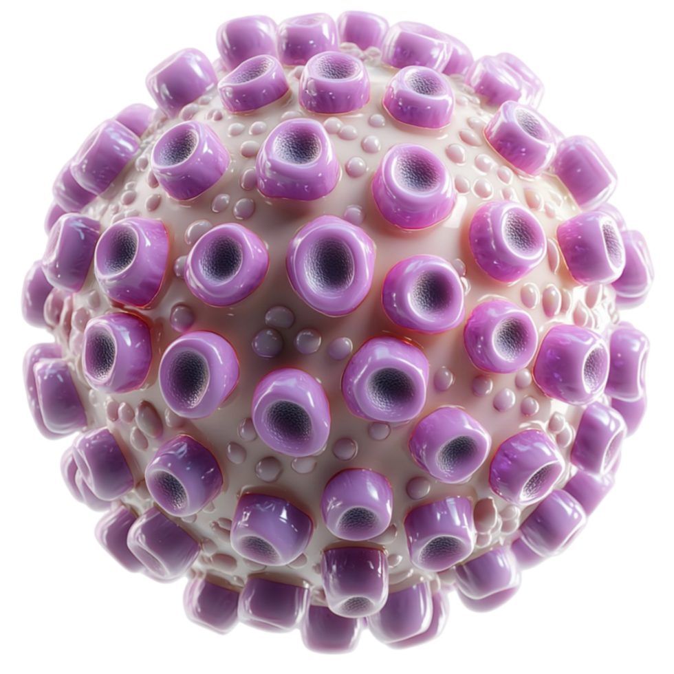 Magnified view of a purple virus particle with a spiky outer surface and a complex texture png