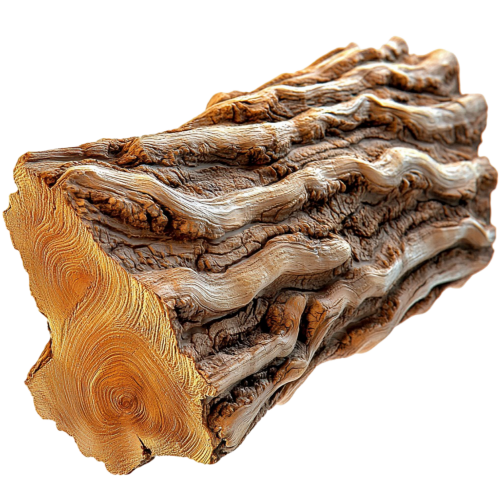 Rugged tree log with rough textured bark and visible rings showing its age png