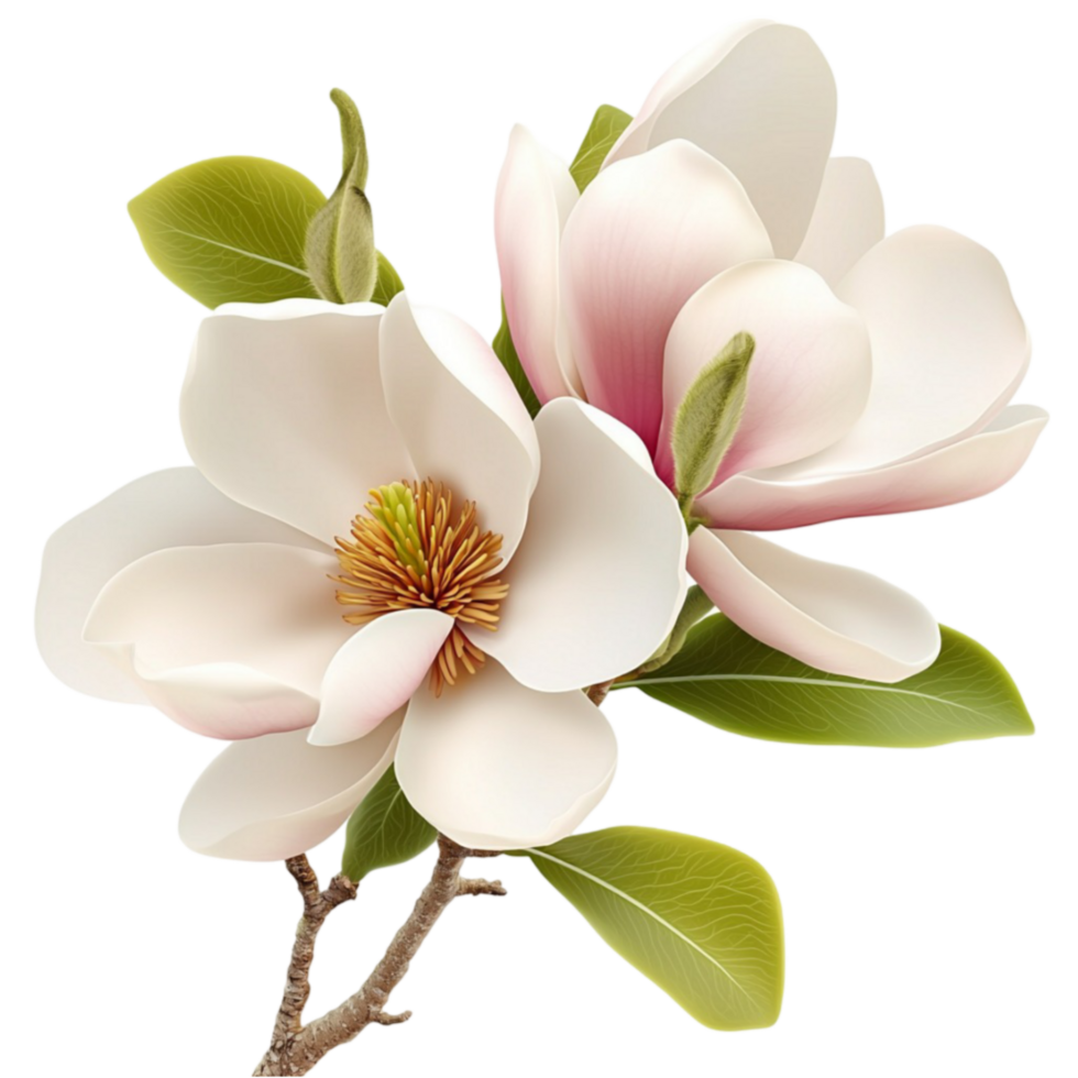 Delicate white magnolia flower with soft pink accents and vibrant green leaves png
