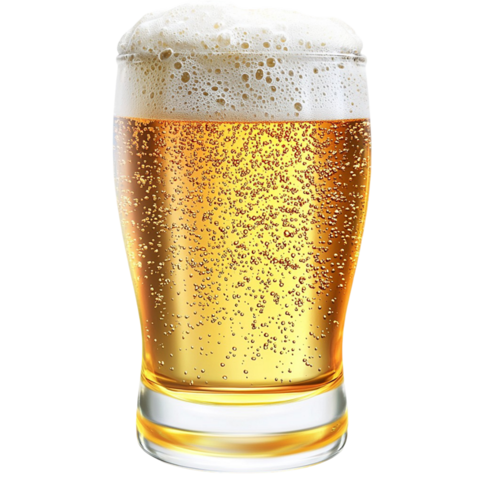 Tall glass filled with golden fizzy beer with bubbles rising to the top png