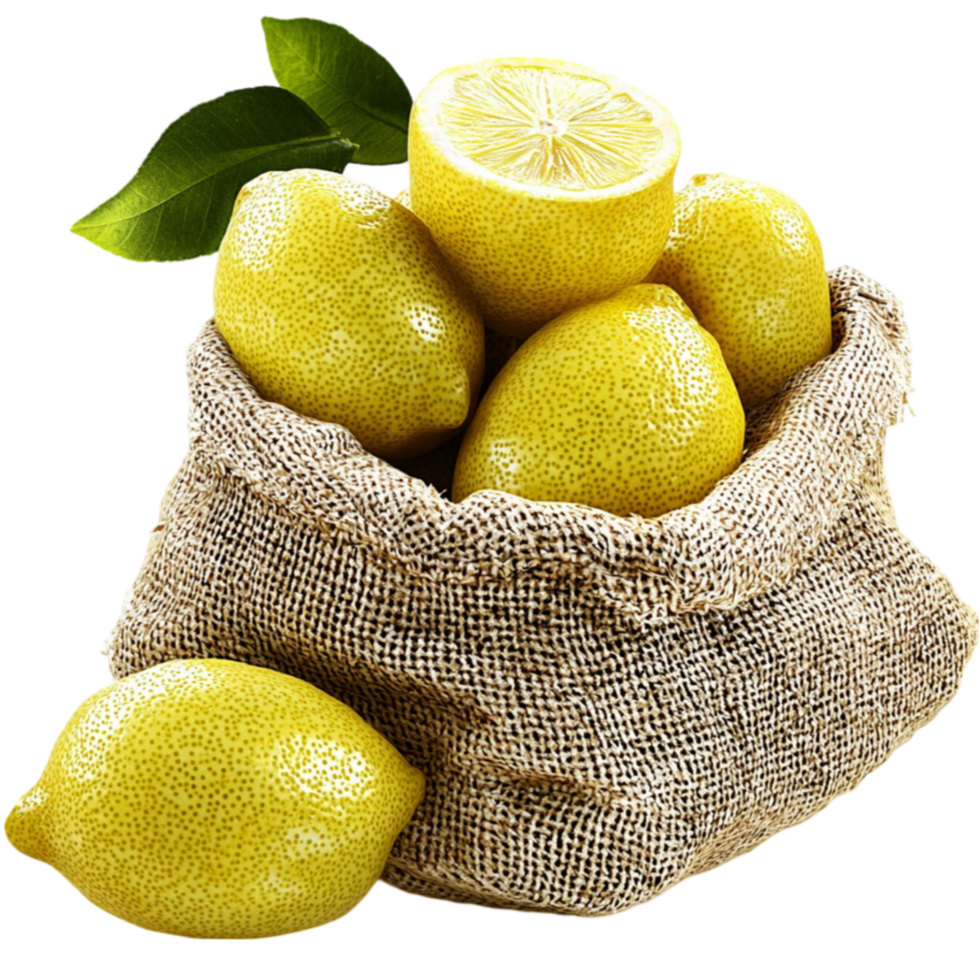 Burlap sack filled with ripe yellow lemons with a sliced lemon showing its juicy interior png