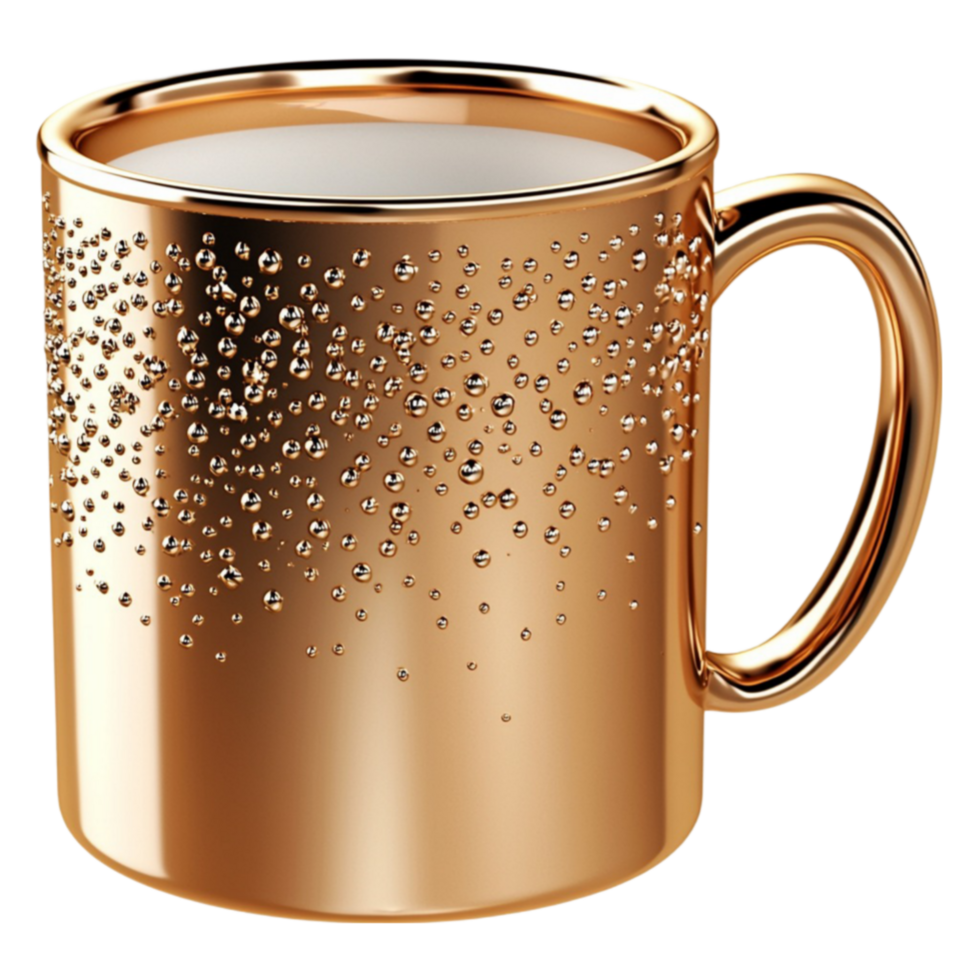 Elegant metallic gold mug filled with a steaming hot beverage and covered in tiny sparkling droplets png