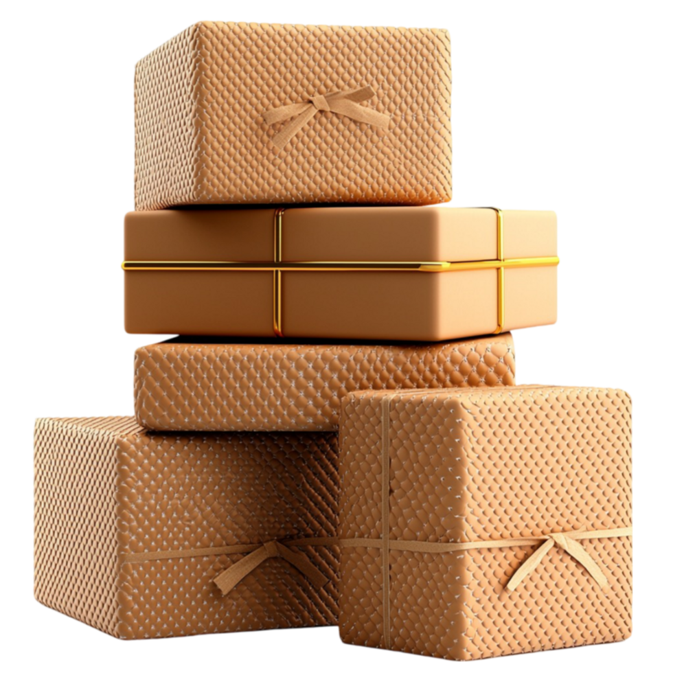 Stack of textured golden gift boxes with decorative bows in different sizes png
