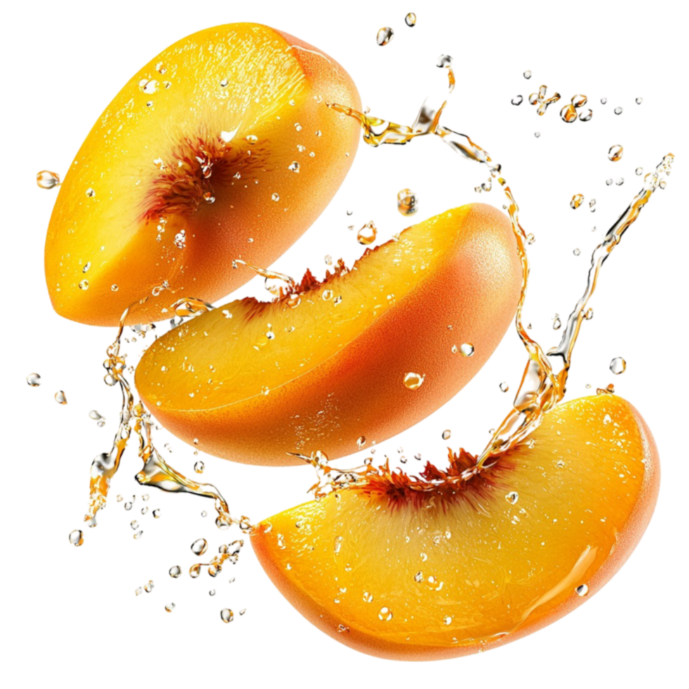 Juicy golden peach slices splashing into fresh water with droplets flying around png