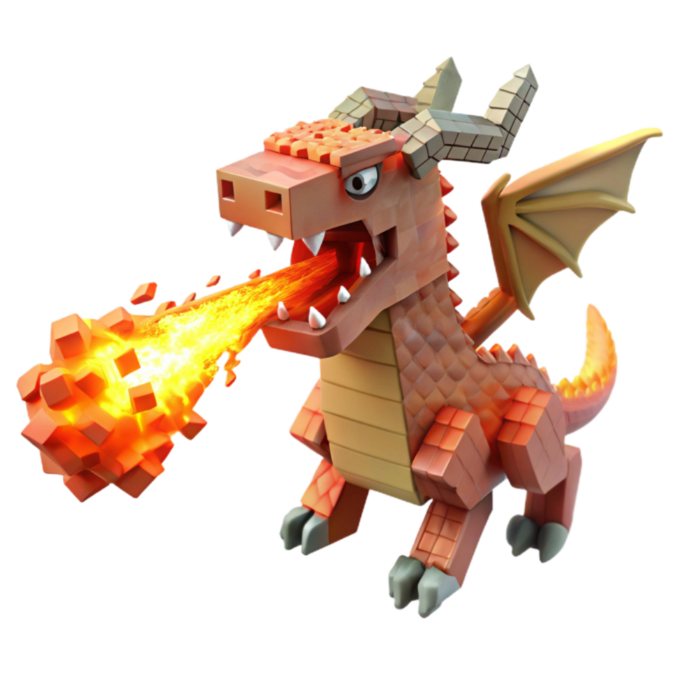 Fiery Dragon Cuboid Creature, Pixelated Design, Digital Art, 3D Model, Fantasy Game Asset png