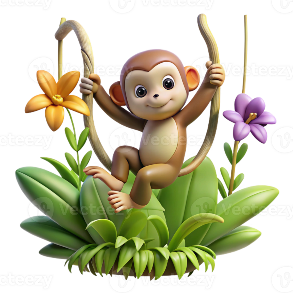 vibrant abstract Cute Monkey 3D Render Illustration detailed png