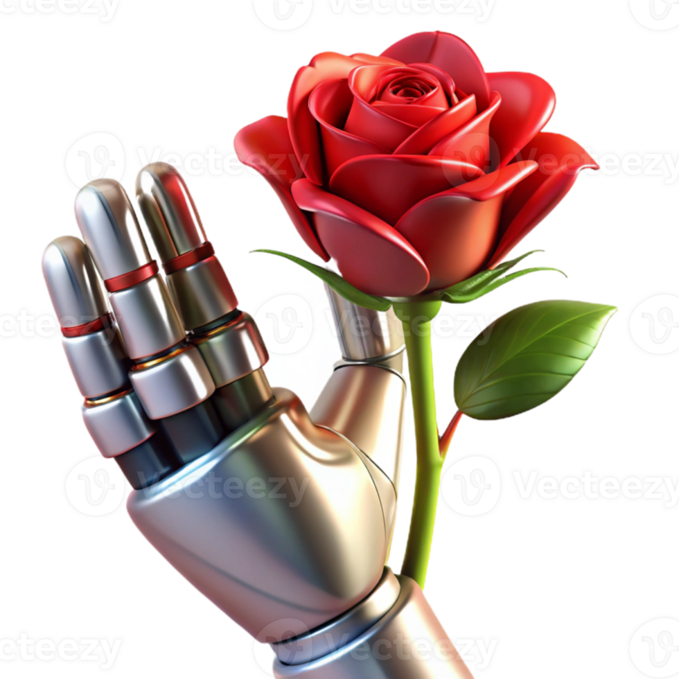 extraordinary rustic Robotic Hand Holding Red Rose 3D Render original png