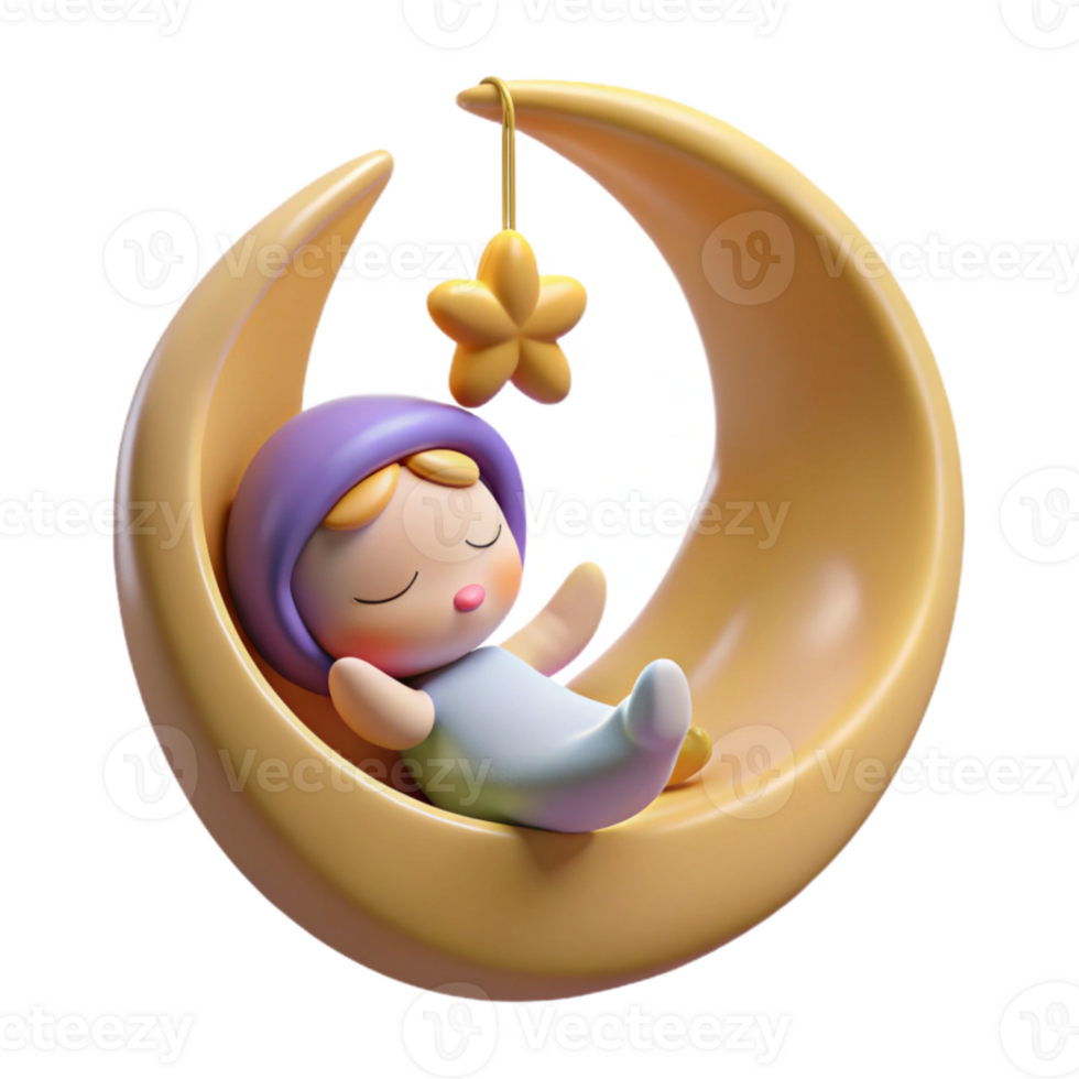 wonderful traditional Sweet Dreams 3D Render Baby Sleeping on Crescent Moon professional png