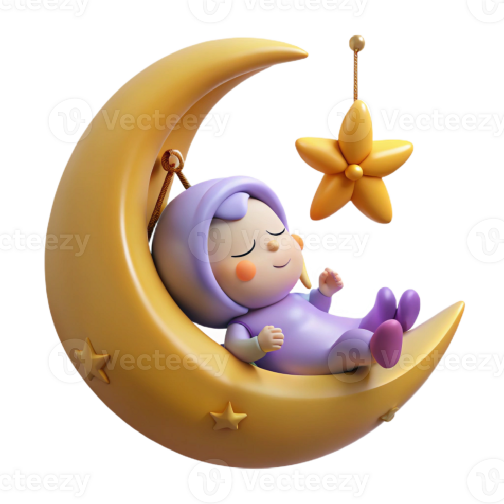 impressive classic 3D Render Sleeping Baby on Crescent Moon detailed png