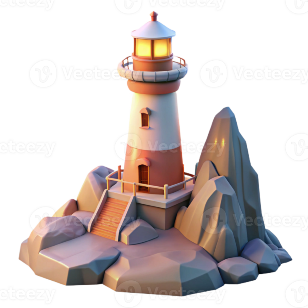 serene minimalist 3D Cartoon Lighthouse on Rocks Illustration high quality png