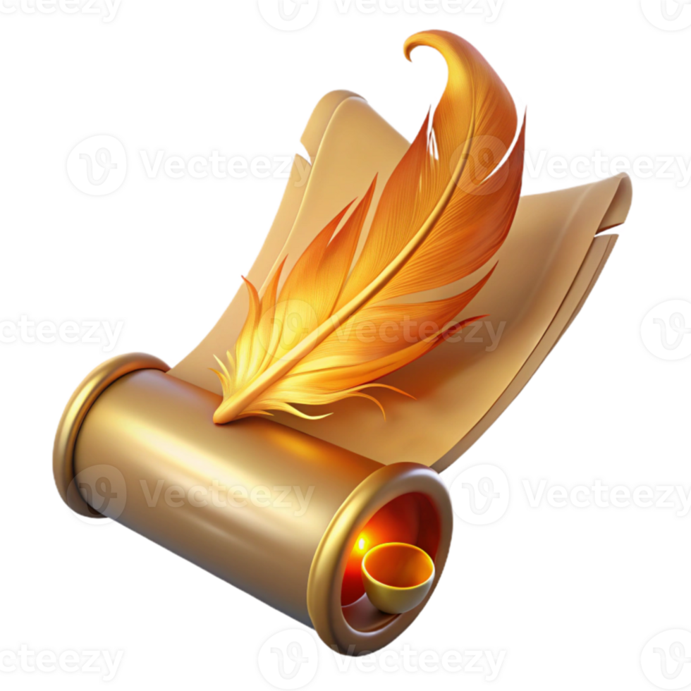 extraordinary minimalist Golden Quill and Scroll 3D Render professional png