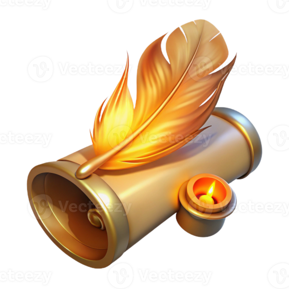 beautiful rustic Golden Quill and Scroll 3D Render exclusive png