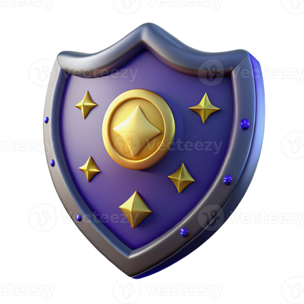 beautiful contemporary 3D Render Purple Shield with Gold Stars genuine png