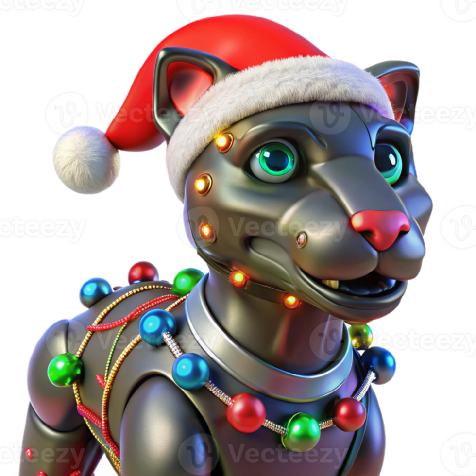 stunning rustic Cybernetic Cat in Santa Hat 3D Render high quality png