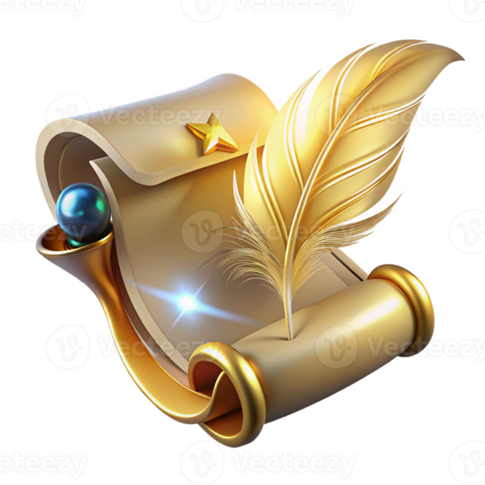 impressive modern Golden Quill and Scroll 3D Render 4K png