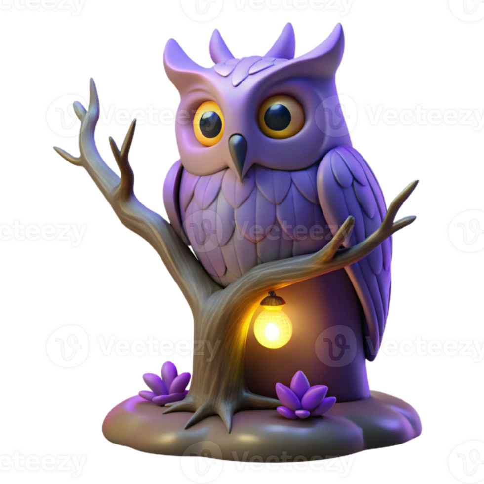 beautiful artistic 3D Render Purple Owl on Tree Stump with Lantern high resolution png